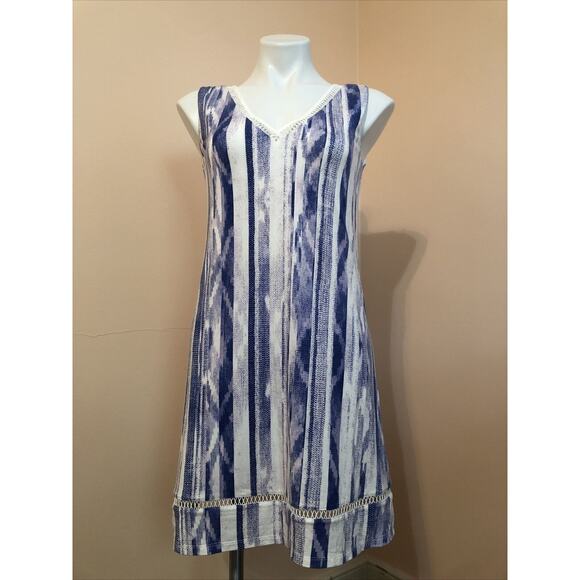 Tart Blue White Striped Print Knee Length Shelf Bra Sleeveless Dress Small - Picture 1 of 6